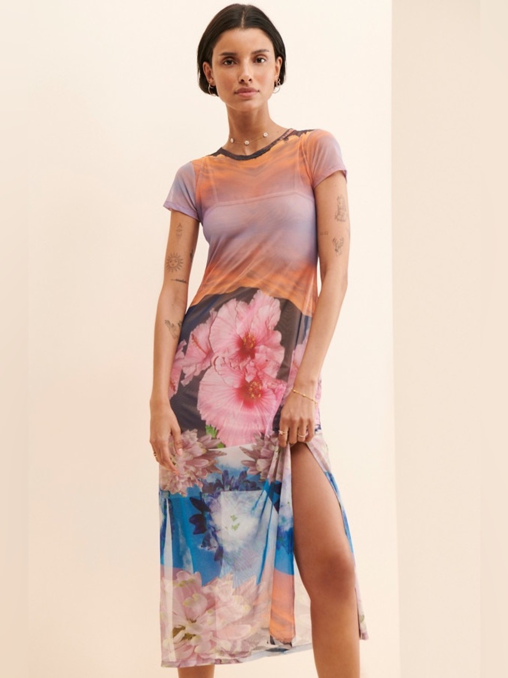 Mandinga Floral Ombre Maxi Dress Side Slit sheer medium short sleeve